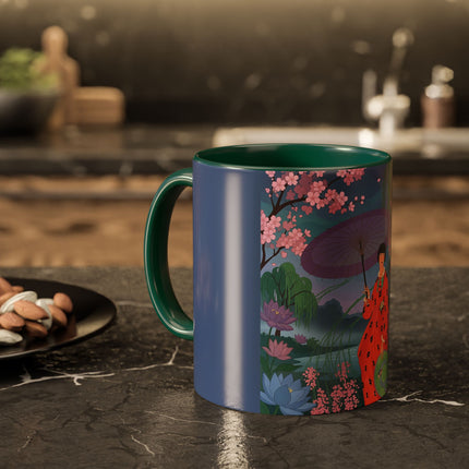 The Lady Of The Cherry Blossoms Colorful Mugs – Art Deco Spring Elegance
