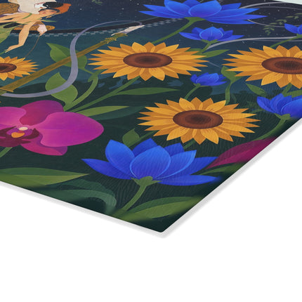 🌻🌙 The Midnight Sunflower Garden Glass Cutting Board – Art Deco Floral Fantasy