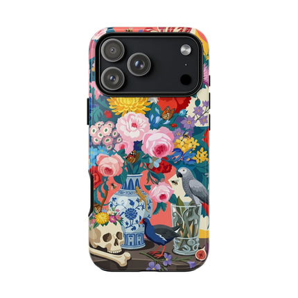 Floral Vanitas Phone Case – Parrot & Porcelain Splendor