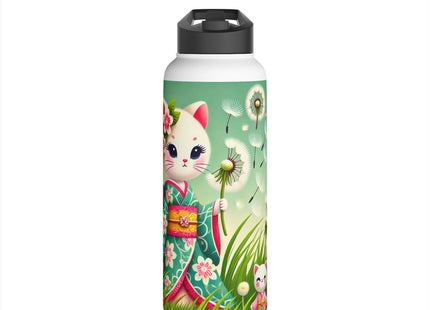 Geisha Kitten and the Dandelion Wish Stainless Steel Water Bottle, Standard Lid