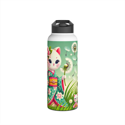 Geisha Kitten and the Dandelion Wish Stainless Steel Water Bottle, Standard Lid