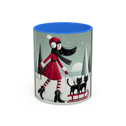 Red Sled & Curious Cats Colorful Mugs (11oz, 15oz)