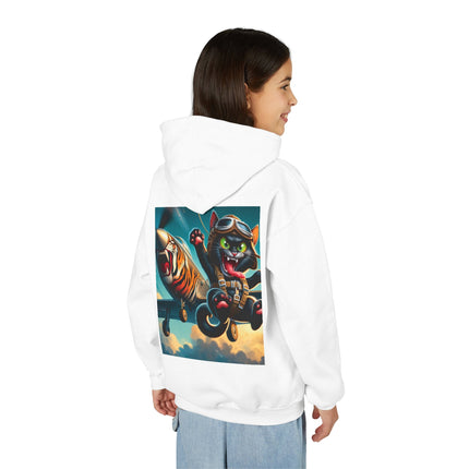 Parachuting Cat Commando Youth Hooded Sweatshirt – Action, Adventure & Wild Imagination