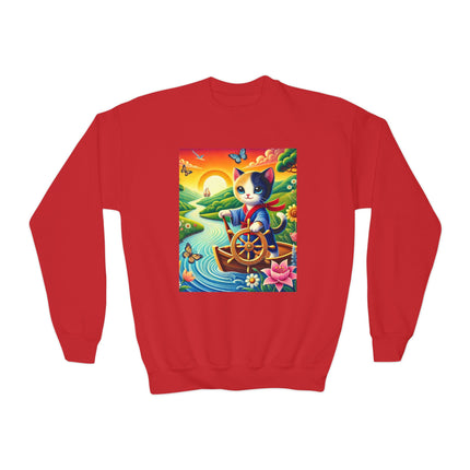 Sailor Kitten’s River Adventure Youth Crewneck Sweatshirt – Exploration, Joy & Storybook Adventure
