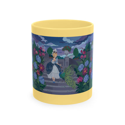 🦚🌸 The Lady & The Peacock On The Garden Steps Ceramic Mug – Art Deco Garden Elegance