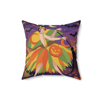 🎃🧙 The Witch Of Jack-O'-Lantern Hollow Square Pillow – Whimsical Halloween Charm