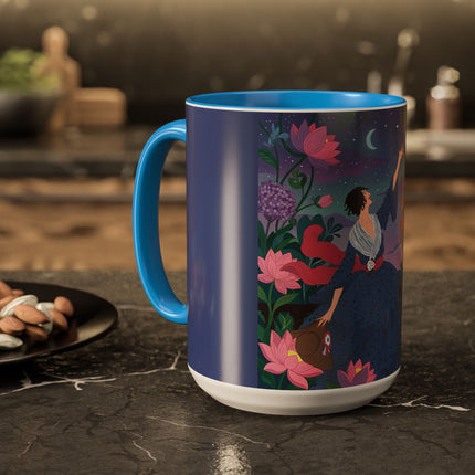 The Lady And The Morning Song Colorful Mugs – Art Deco Botanical Elegance