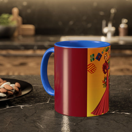 Elegant Holiday Woman with Gifts Colorful Mugs (11oz, 15oz)