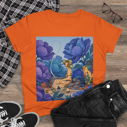 💙🌸 The Lady Among The Blue Blossoms Cotton Tee – Art Deco Floral Reverie