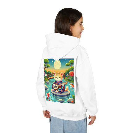 Melodic Kitten by the Koi Pond Youth Hooded Sweatshirt – Peaceful Harmony & Playful Music