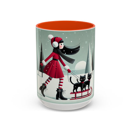 Red Sled & Curious Cats Colorful Mugs (11oz, 15oz)