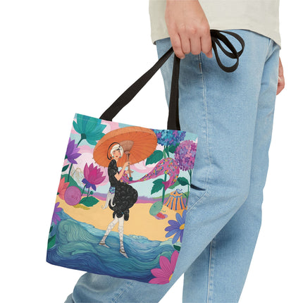 ☂️🌺 The Lady Of The Seaside Parasol Tote Bag – Art Deco Floral Fashion