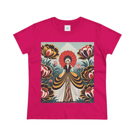 ❤️🌺 The Scarlet Parasol Garden Cotton Tee – Art Deco Floral Elegance