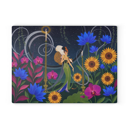 🌻🌙 The Midnight Sunflower Garden Glass Cutting Board – Art Deco Floral Fantasy