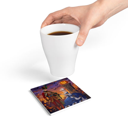 🎃💙 The Pumpkin Lantern Courtship Ceramic Coaster – Romantic Halloween Elegance