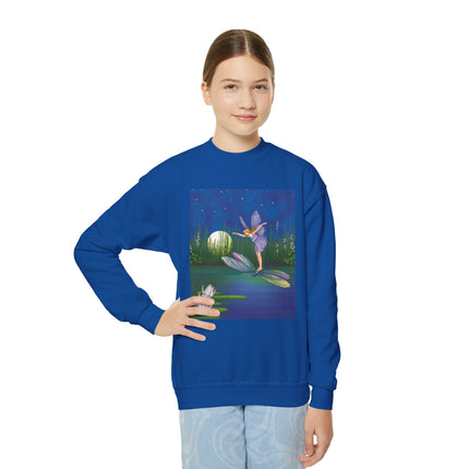 Fairy on a Dragonfly Youth Crewneck Sweatshirt – Enchanting Moonlit Fantasy