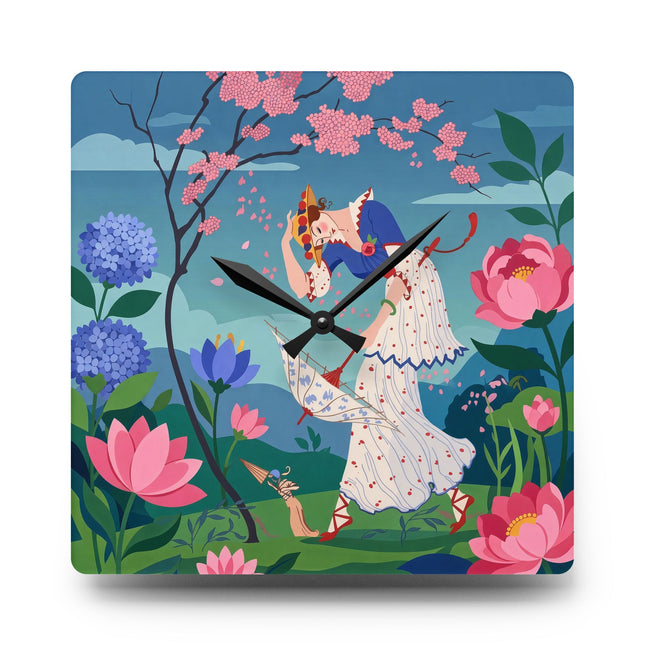 🌸☂️ The Lady Beneath The Cherry Blossoms Acrylic Wall Clock – Art Deco Garden Whimsy