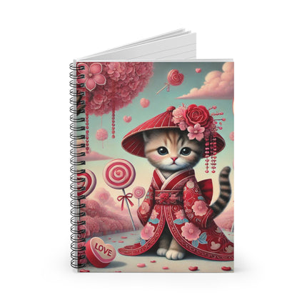 Whimsical Geisha Kitten in a Valentine Garden Spiral Notebook - Ruled Line