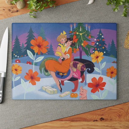 🎄🌸 Christmas Morning Embrace Glass Cutting Board – Whimsical Holiday Fantasy
