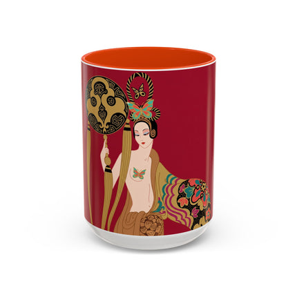 Butterfly Empress of the Crimson Pavilion Colorful Mug (11oz, 15oz) – Art Deco Beauty, Butterfly Elegance & Ornamental Style
