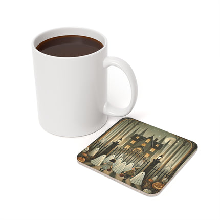 Ghostly Welcome – A Halloween Night Cork Back Coaster