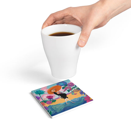 🌊☂️ The Lady Of The Flowered Seashore Ceramic Coaster – Art Deco Seaside Fashion