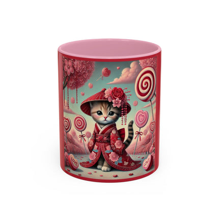 Whimsical Geisha Kitten in a Valentine Garden Colorful Mugs (11oz, 15oz)