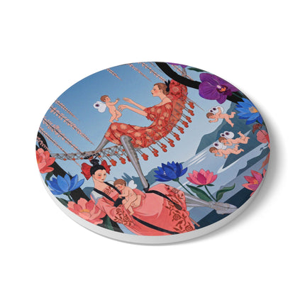 🌸🪽 The Garden Of Little Cupids Ceramic Coaster – Art Deco Floral Fantasy