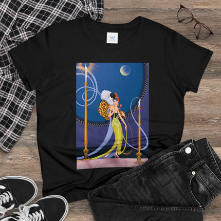 Smoke and Secrets: A Glamorous Encounter in Prohibition Era Women's Midweight Cotton Tee