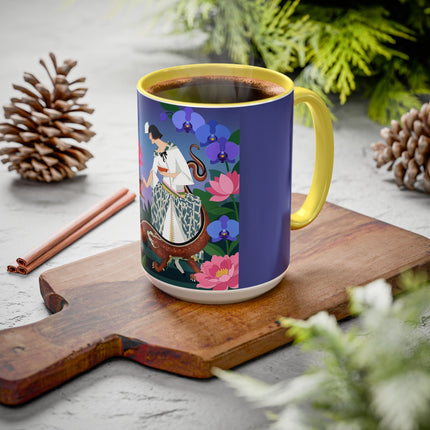The Lady And The Garden Dragon Colorful Mugs – Art Deco Mythical Botanical Elegance