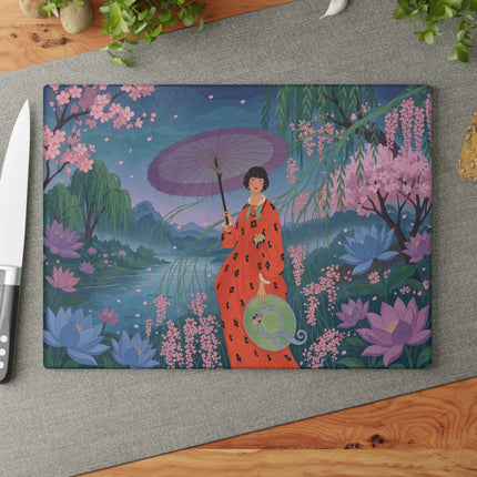 🌸☂️ The Lady Of The Lotus Garden Glass Cutting Board – Art Deco Oriental Floral Elegance