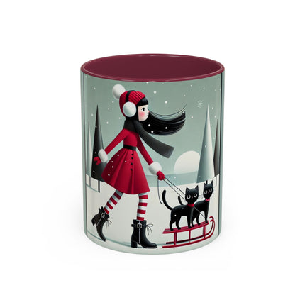 Red Sled & Curious Cats Colorful Mugs (11oz, 15oz)