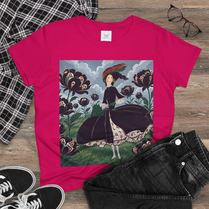 ❤️🌺 The Scarlet Parasol Garden Cotton Tee – Art Deco Floral Elegance