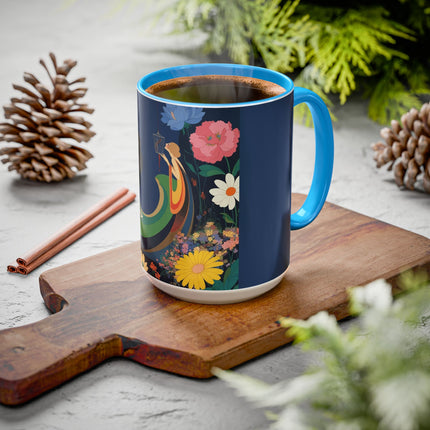The Lady And The Crimson Moonbird Colorful Mugs – Art Deco Whimsical Garden Elegance