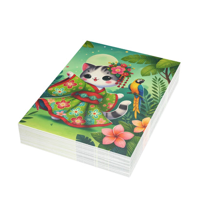 🌺🦜 The Tropical Parrot Kimono Kitten Greeting Card – Whimsical Jungle Elegance