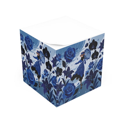 ☔💙 The Blue Rain Promenade Note Cube – Art Deco Floral Fashion
