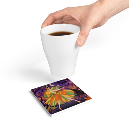 🎃🧙 The Witch Of Jack-O'-Lantern Hollow Ceramic Coaster – Whimsical Halloween Charm