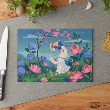 🌸☂️ The Lady Of The Falling Cherry Blossoms Glass Cutting Board – Art Deco Garden Fantasy