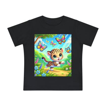 Butterfly Chase Leopard Cub Baby T-Shirt – Playful Adventure & Sunny Meadow Dreams