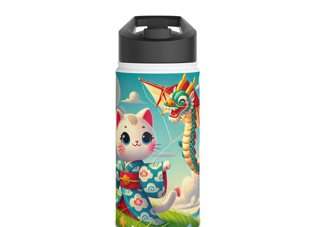 Geisha Kitten and the Dragon Kite Stainless Steel Water Bottle, Standard Lid