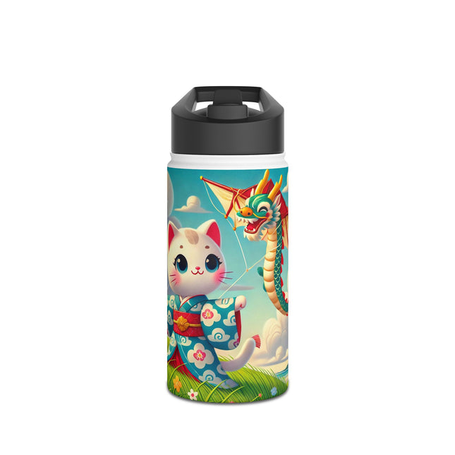 Geisha Kitten and the Dragon Kite Stainless Steel Water Bottle, Standard Lid