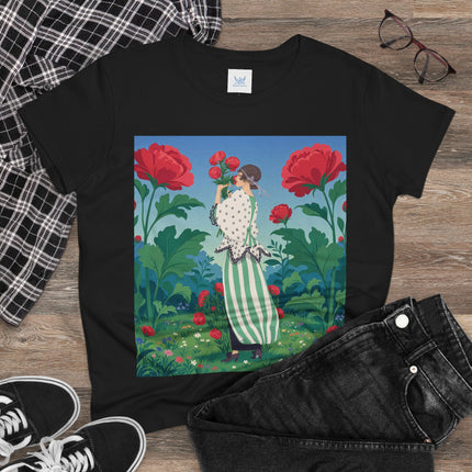🌹🌿 The Scarlet Rose Garden Cotton Tee – Art Deco Floral Whimsy