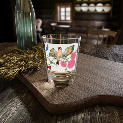 Goldfinch & Pink Flowers Shot Glass – Vibrant Spring & Bold Beauty
