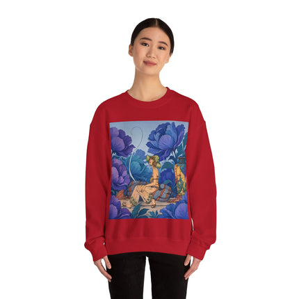 💙🌸 The Lady Among The Blue Blossoms Crewneck Sweatshirt – Art Deco Floral Reverie