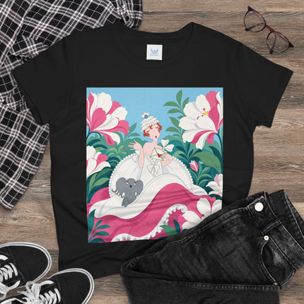 🌸🐘 The Pink Blossom Companion Cotton Tee – Art Deco Floral Whimsy