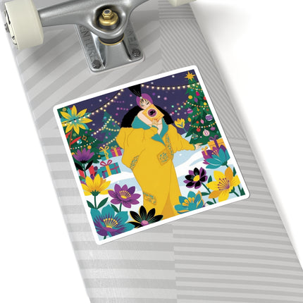 💛🎄 The Lady Of The Golden Christmas Cloak Kiss-Cut Sticker – Art Deco Holiday Fantasy