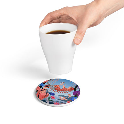 🌸🪽 The Garden Of Little Cupids Ceramic Coaster – Art Deco Floral Fantasy