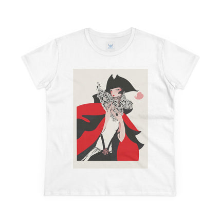 Crimson Masquerade Women's Midweight Cotton Tee – Dramatic Elegance & Art Deco Mystery