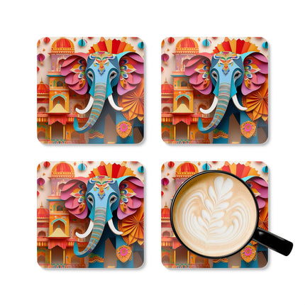 Elephant at an Autumn Festival Corkwood Coaster Set