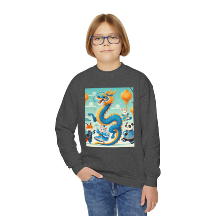 Blue & Gold Dragon Festival Parade Youth Crewneck Sweatshirt – Celebration, Color & Joyful Movement